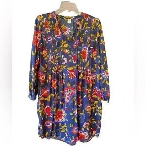 Old Navy Pintuck Floral Tunic Dress Sz S Long Sleeves Knee Length Keyhole Neck
